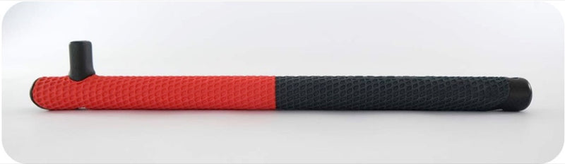 Load image into Gallery viewer, A textured cylindrical monobloc handlebar shown in a side profile view, featuring a red left half and a black right half, with a small black vertical tab on the left side, set against a light gray background.
