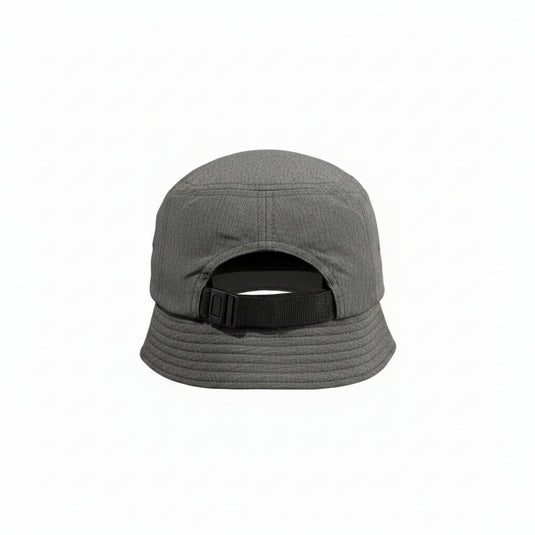 Grey PKS impact bucket hat with the back clip closure on a white background.