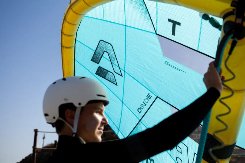 Load image into Gallery viewer, Green Hat Kiteboarding-2026 Duotone Unit D/Lab Wing-Live Shot-Close Up View of Canopy-Man Holding the Duotone Unit D/Lab
