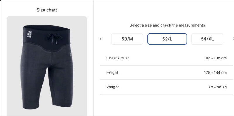 Load image into Gallery viewer, Size Large Chart for the Ion Surf Shield Tights Short 
