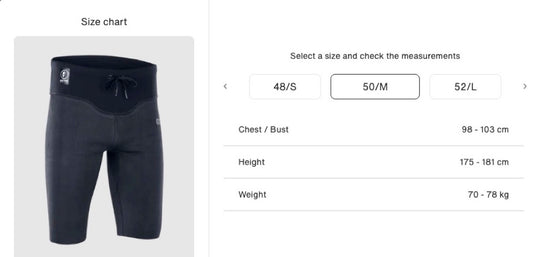 Size Medium Chart for the Ion Surf Shield Tights Short 