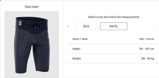 Size XL Chart for the Ion Surf Shield Tights Short 