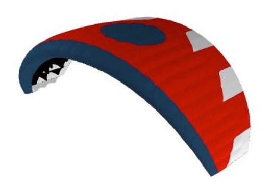 A curved parawing with a Red body, Slate Blue trim, and White geometric accents, shown on a plain white background.