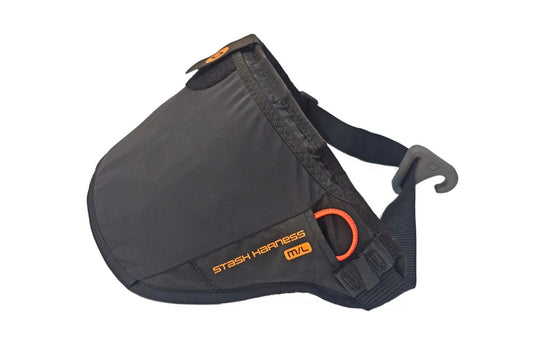 Black Ozone Parawing Stash Harness with orange accents on a white background