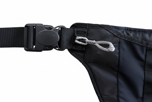 Black waist bag with a strap and buckle on a white background