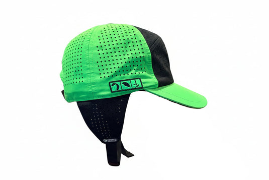 Green and black cap with a brand logo on a white background