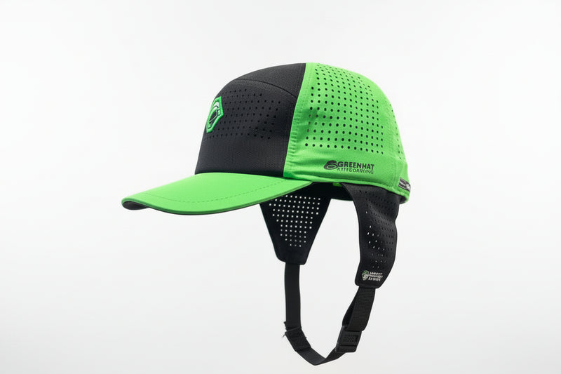 Load image into Gallery viewer, Green and black cap held with a bwhite background
