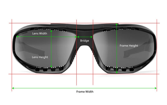 Measurement chart of a pair of sunglasses with labeled parts on a white background