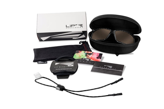 LIP sunglasses packaging with sunglasses, case, and accessories on a white background