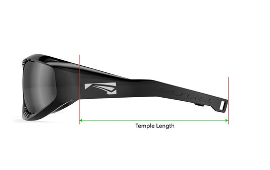 Black sunglasses with measurement of temple length on a white background