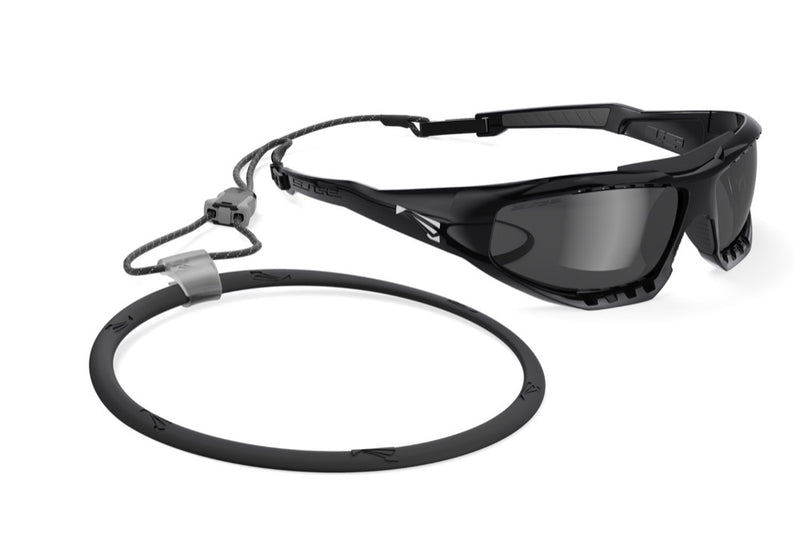 Load image into Gallery viewer, Black sunglasses with a lanyard on a white background
