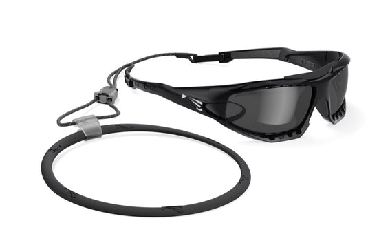 Black sunglasses with a lanyard on a white background