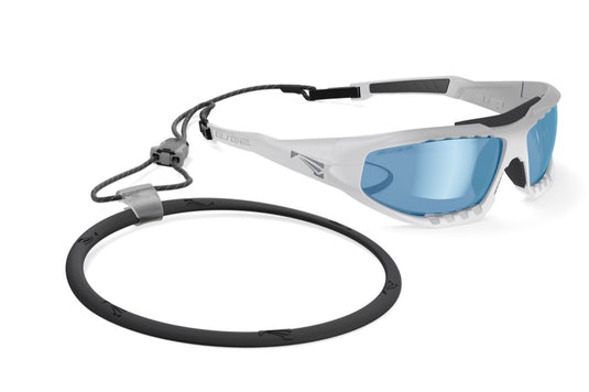 White Sunglasses with a black leash on a white background