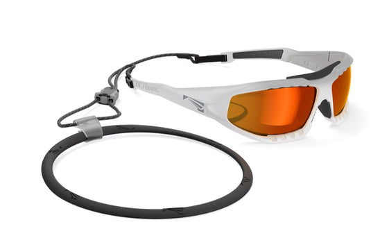 White Sunglasses with a black leash on a white background