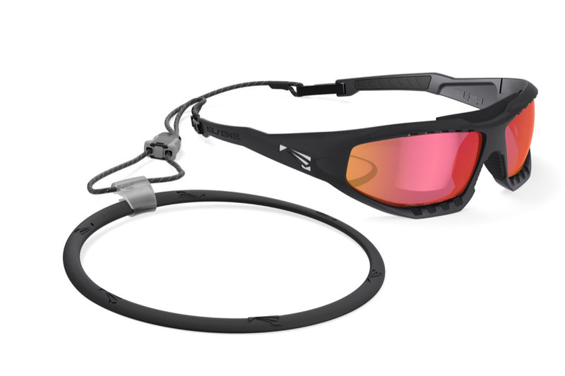 Load image into Gallery viewer, Sunglasses with a black frame and red lenses on a white background
