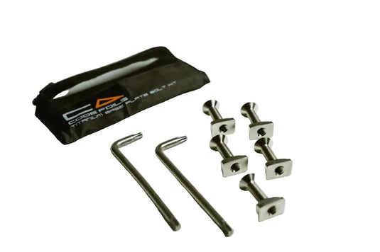 A set of six silver metal T-nuts & bolts with two silver torx keys, and a black nylon carrying pouch with a Code logo, arranged on a plain white background.