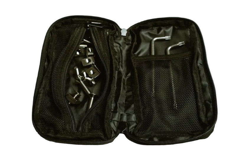 Load image into Gallery viewer, An open black zippered tool case on a white background, containing several silver metal torx tools and small accessories in mesh and zip compartments.
