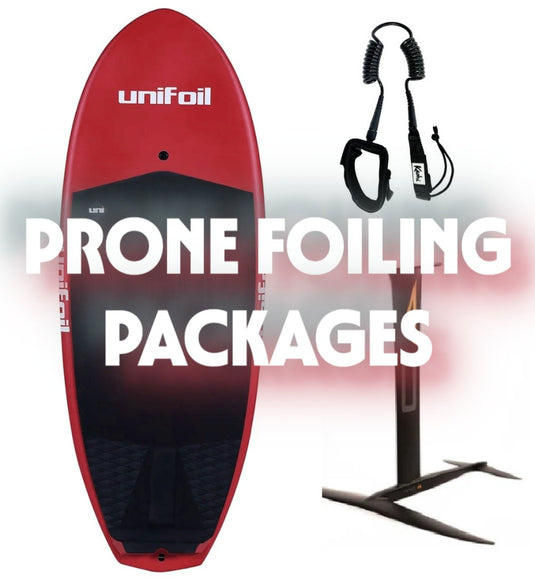 Green Hat Kiteboarding-LOGO-Surf Foiling Packages-Red and black prone foiling package with a leash and stand on a white background