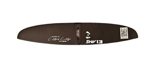 Green Hat Kiteboarding-Unifoil Shiv 13 Carbon Stabilizer-Top View of  Shiv  Stab on a White Background.