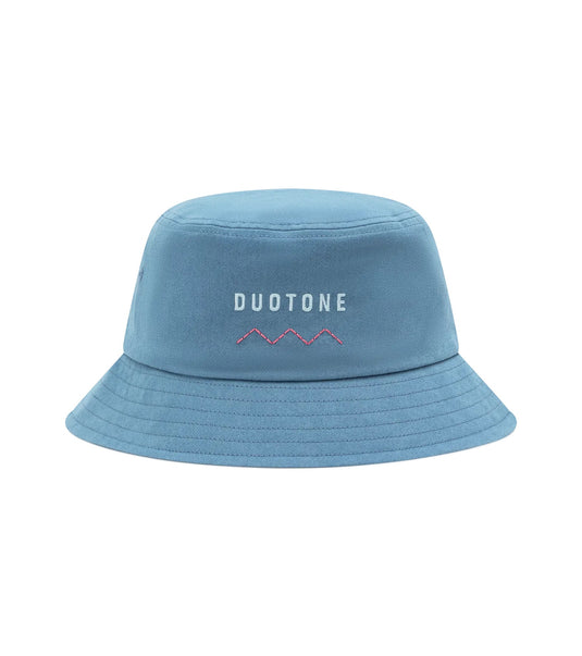Blue bucket hat with 'Duotone' logo on a white background