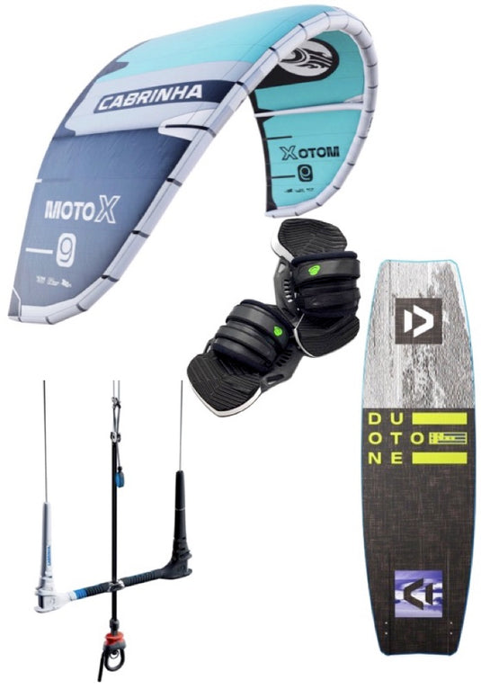 A kiteboarding package featuring a light blue and dark blue Cabrinha kite, black Green Hat bindings, a black and gray Duotone board, and a black and blue Cabrinha control bar on a white background.