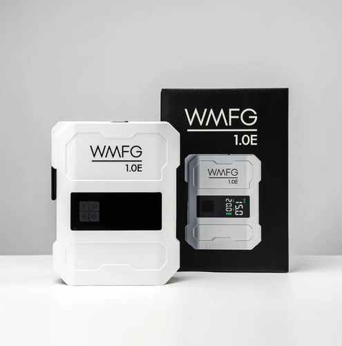 Green Hat Kiteboarding-WMFG 1.0 Electric Kite/Wing/SUP Pump-White electronic pump with digital display on a gray background
