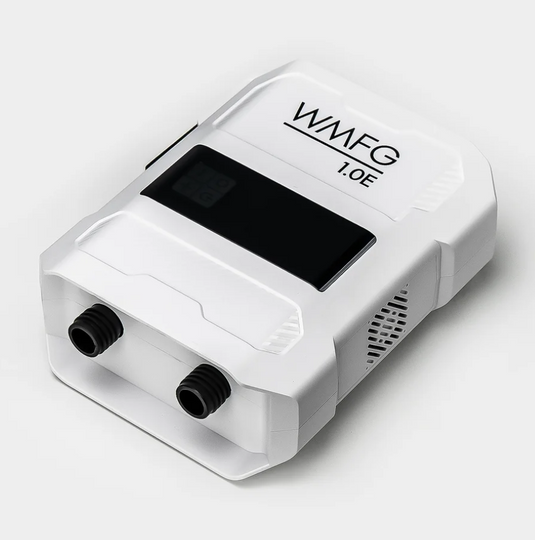 Green Hat Kiteboarding-WMFG 1.0 Electric Kite/Wing/SUP Pump-White electronic pump with black connectors on a light gray background