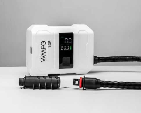 Green Hat Kiteboarding-WMFG 1.0 Electric Kite/Wing/SUP Pump-White Pump with digital display and connectors on a gray background