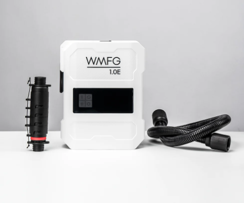Green Hat Kiteboarding-WMFG 1.0 Electric Kite/Wing/SUP Pump-Pump with 'WMFG' branding on a gray background with Hose and Adapters