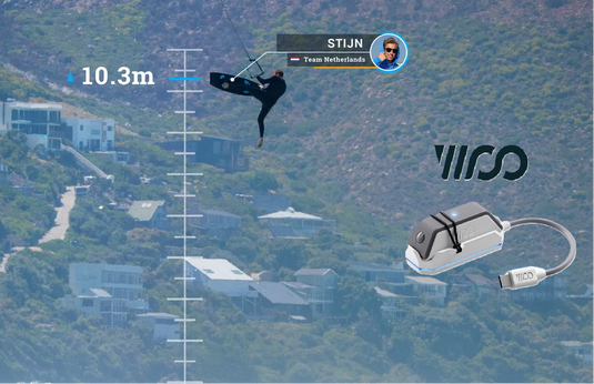 Green Hat Kiteboarding-WOO Sports Tracker Exchange Program-Stijn in the air with WOO logo and unit