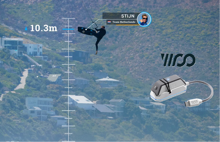 Green Hat Kiteboarding-WOO Sports Tracker Exchange Program-Stijn in the air with WOO logo and unit