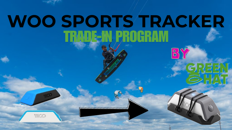 Green Hat Kiteboarding-Video Thumbnail-WOO Trade in Program with product images and branding text.
