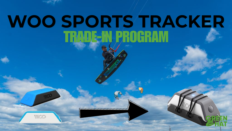 Advertisement for WOO Sports Tracker Trade-In Program with a person on a Kiteboard against a blue sky.
