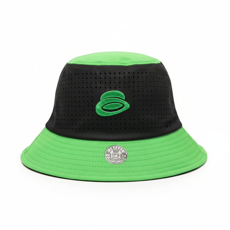 Load image into Gallery viewer, Green and black bucket hat with a logo on a white surface
