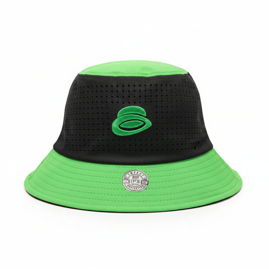 Green and black bucket hat with a logo on a white surface