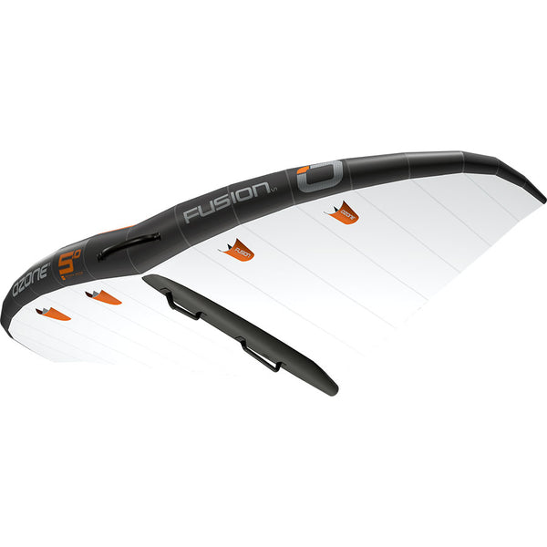 A black and white Ozone Fusion V1 Foil Wing, a high-performance freeride wing for dynamic jumps and flights. Includes wing, leash line with waist strap, and technical bag.