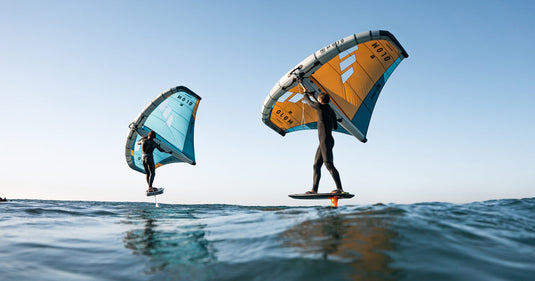 Green Hat Kiteboarding-Used Wing Foiling Collection-Two Wingers Riding Flat Water on Their Flysurfer Mojo Wings