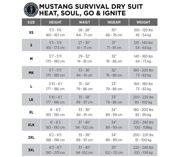 Soul Dry Suit Size Chart