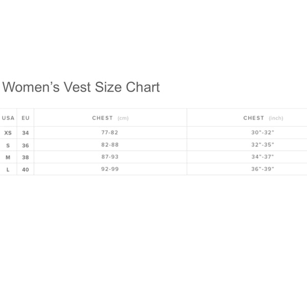 Mystic Ruby Women's Impact Vest Size Chart