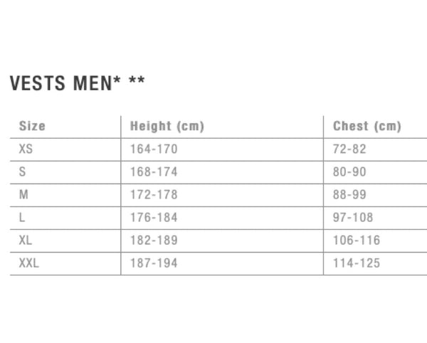 Ion Booster X Vest Size Chart